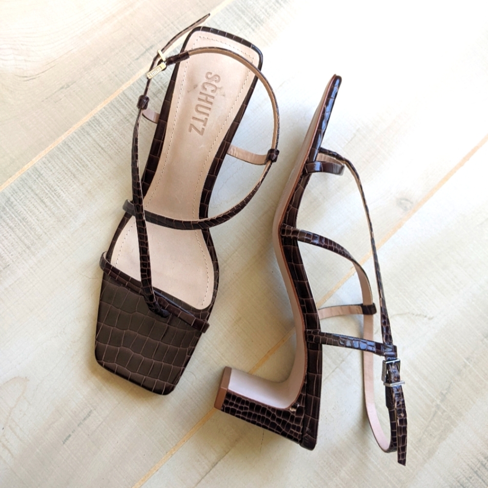 NWOB Schutz Chocolate Brown Croco Kagenia Sandals Strappy Square Toe